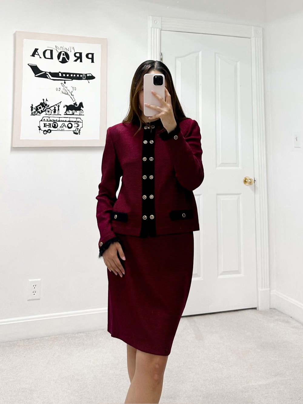St. John Collection Santana Knit Striped Jacket Skirt Suit in Burgundy and Black